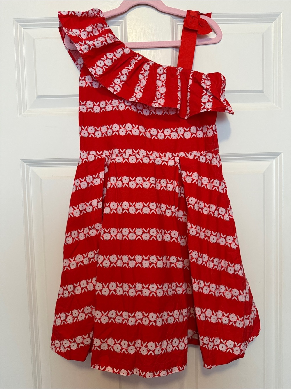 Janie and Jack Red and White One-Shoulder Floral Stripe Dress, Bow Strap